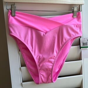 NWT Salt & Cove Macy’s High waist Ribbed Crossover Pink Bikini Bottom L